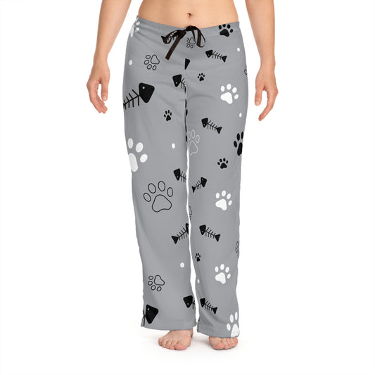 Cozy Women's Pajama Pants with Cute Paw and Fishbone Print